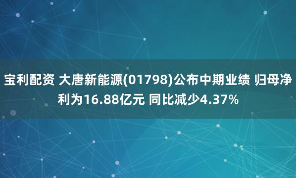 宝利配资 大唐新能源(01798)公布中期业绩 归母净利为16.88亿元 同比减少4.37%